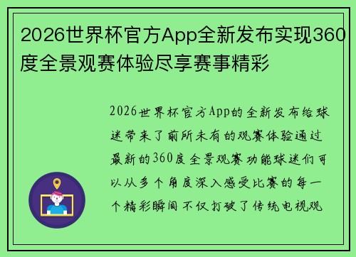 2026世界杯官方App全新发布实现360度全景观赛体验尽享赛事精彩